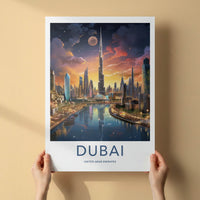 Dubai Poster - United Arab Emirates Travel Art - Skyscraper River Sunset Home Decor