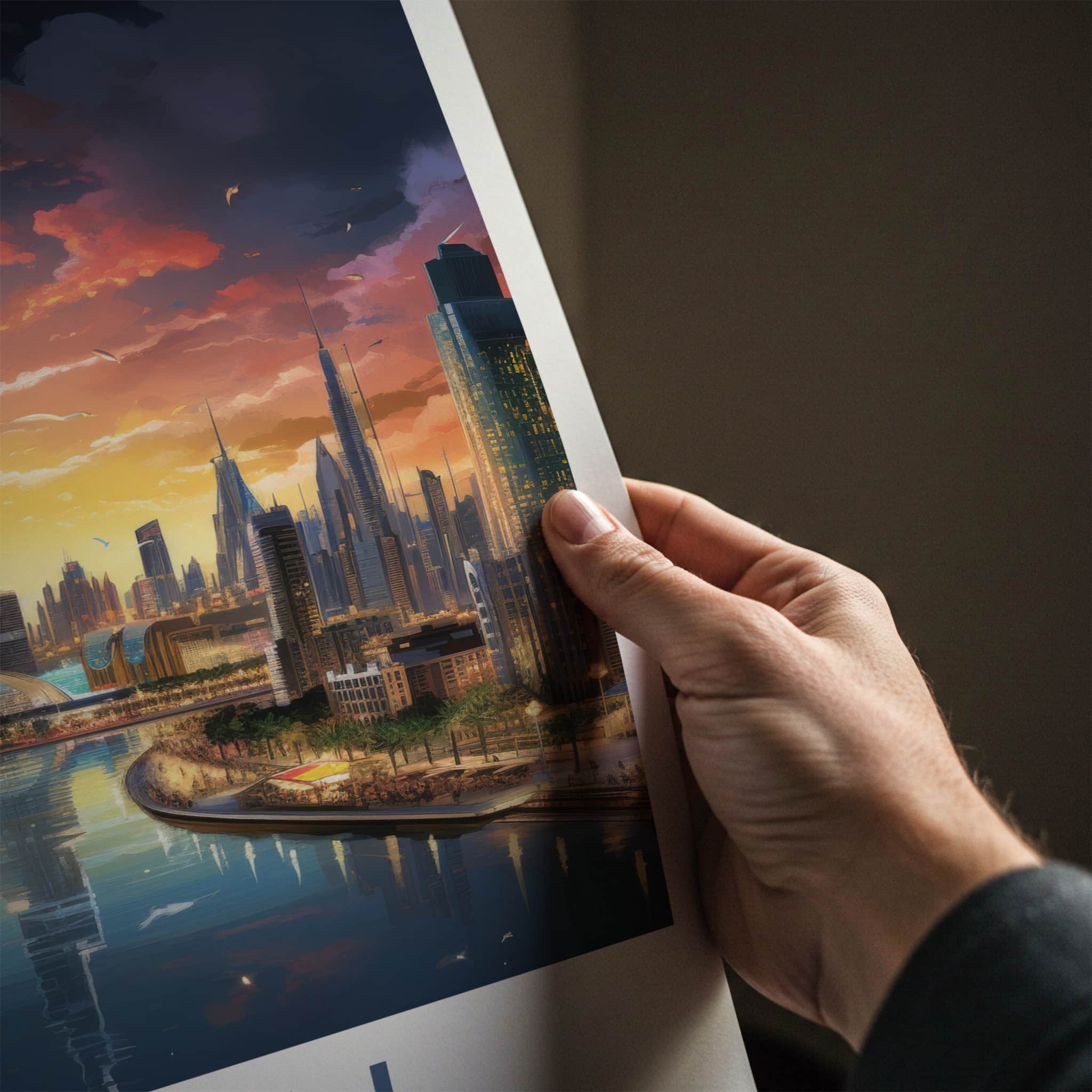 Dubai Poster - United Arab Emirates Travel Art - Skyscraper River Sunset Home Decor