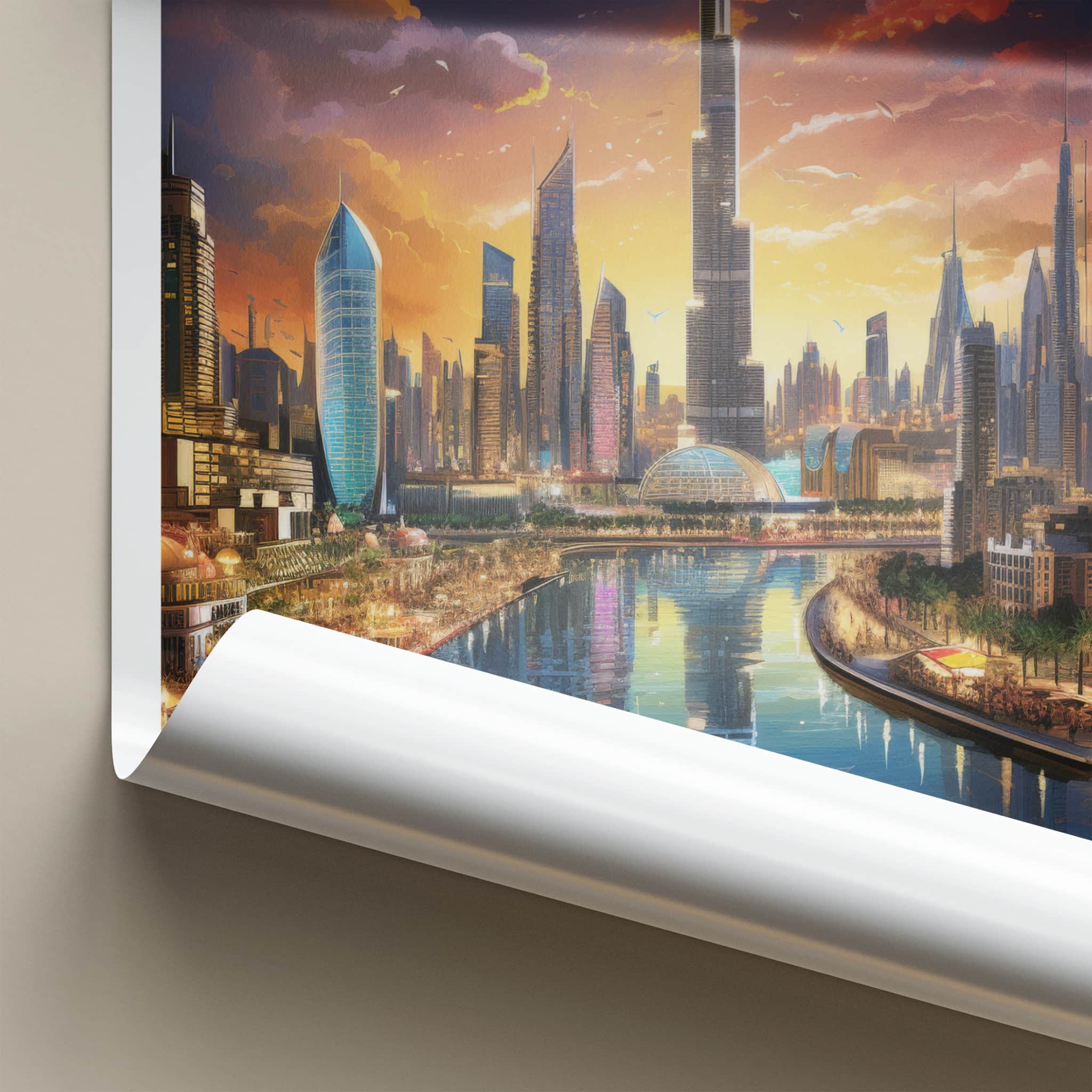 Dubai Poster - United Arab Emirates Travel Art - Skyscraper River Sunset Home Decor