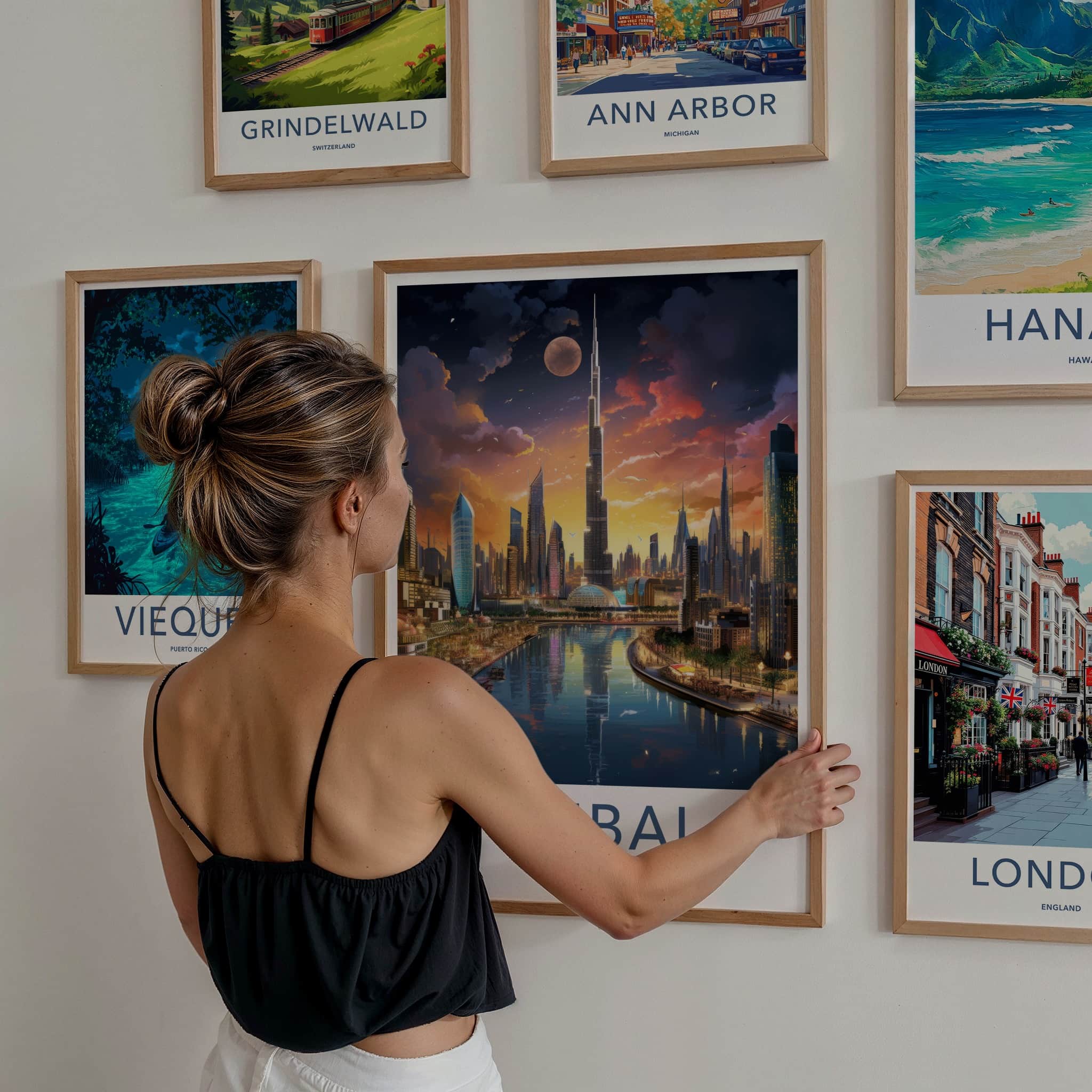 Dubai Poster - United Arab Emirates Travel Art - Skyscraper River Sunset Home Decor