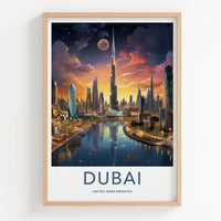Dubai Poster - United Arab Emirates Travel Art - Skyscraper River Sunset Home Decor