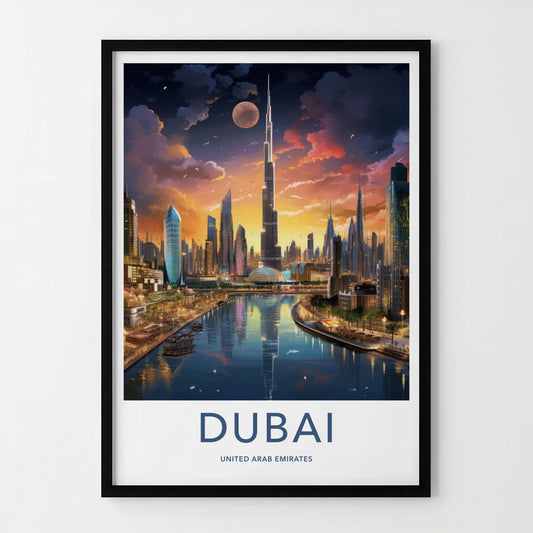 Dubai Poster - United Arab Emirates Travel Art - Skyscraper River Sunset Home Decor