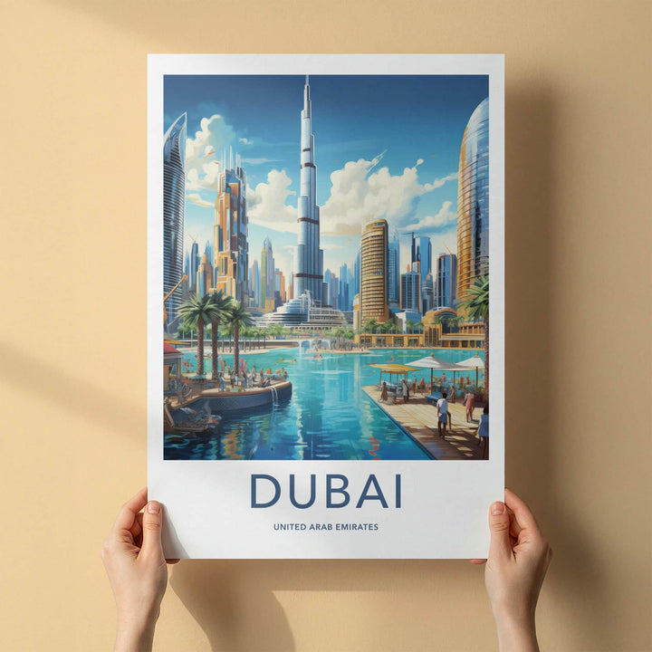 Dubai Poster - United Arab Emirates Travel Art - Skyscrapers Blue Waters Wall Decor