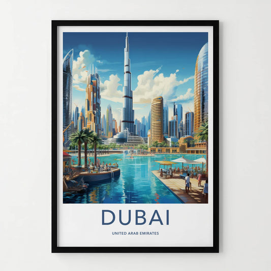 Dubai Poster - United Arab Emirates Travel Art - Skyscrapers Blue Waters Wall Decor