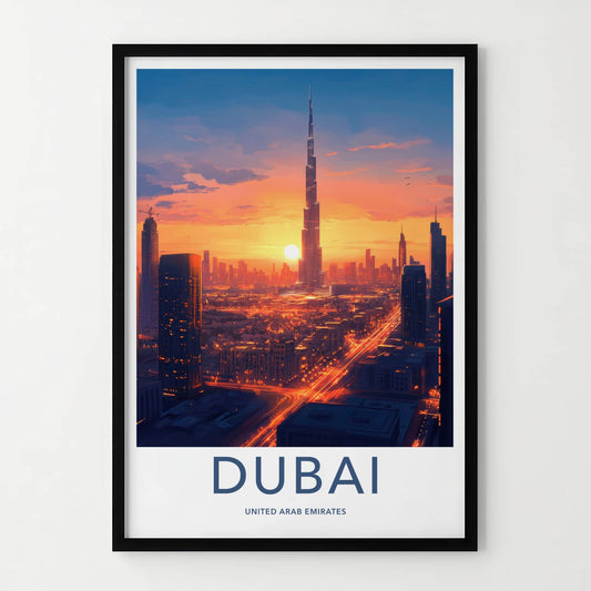 Dubai Poster - United Arab Emirates Travel Art - Sunset Cityscape View Home Decor