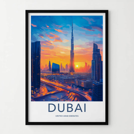 Dubai Poster - United Arab Emirates Wall Art - Vibrant City Sunset Gift