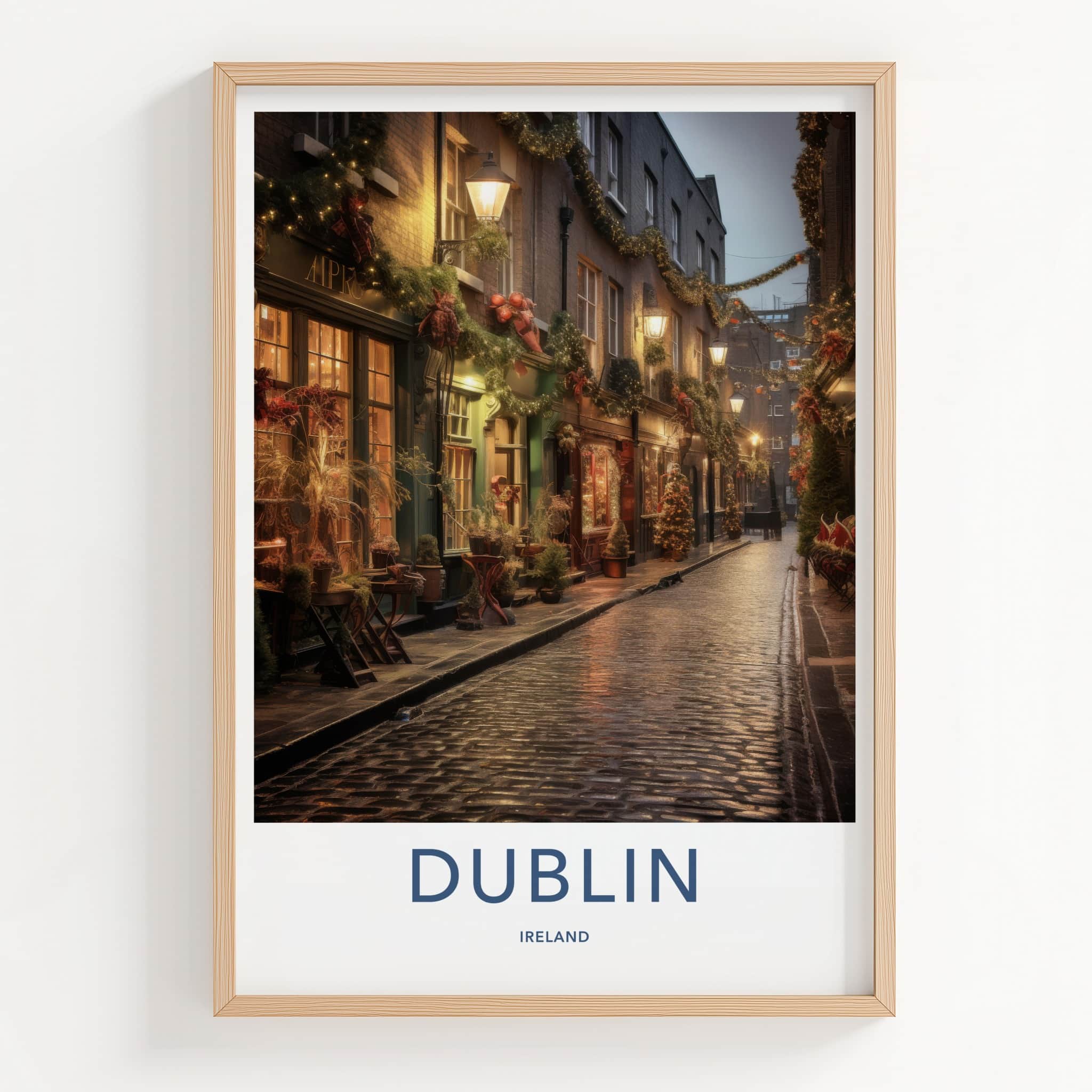 Dublin Poster - Ireland Travel Art - Festive Cobblestone Street Home Decor