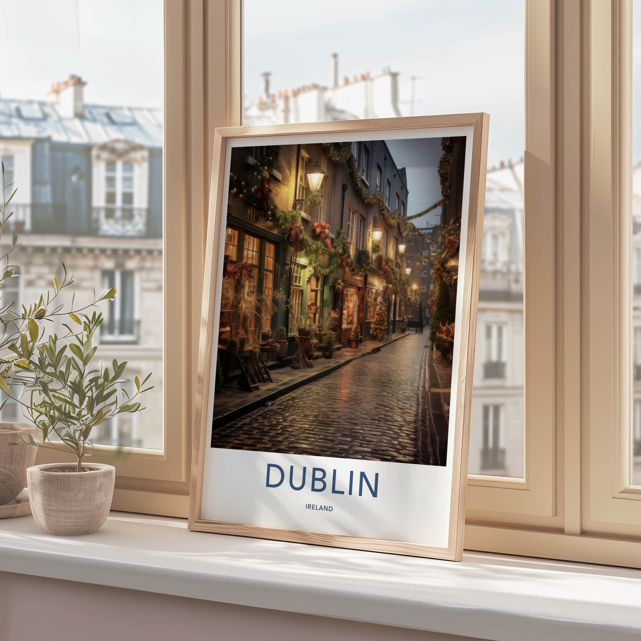 Dublin Poster - Ireland Travel Art - Festive Cobblestone Street Home Decor