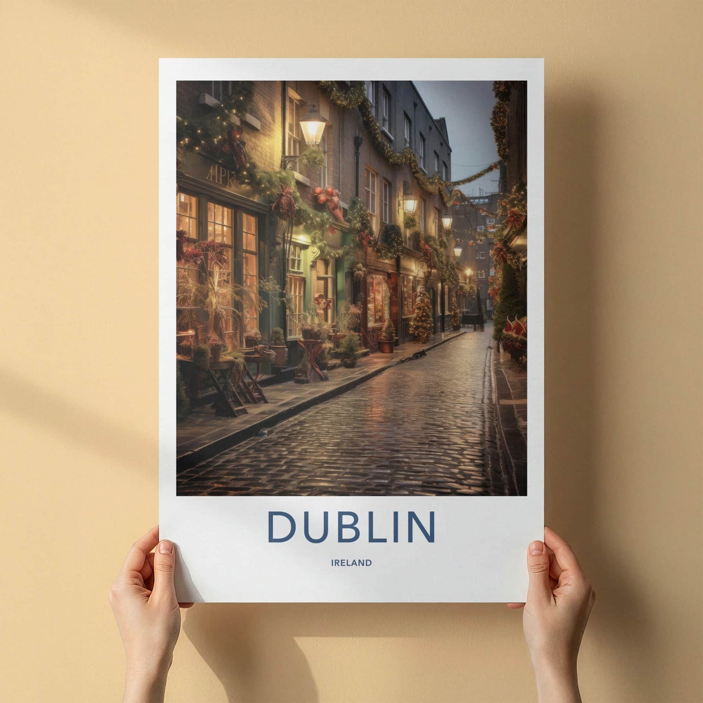 Dublin Poster - Ireland Travel Art - Festive Cobblestone Street Home Decor