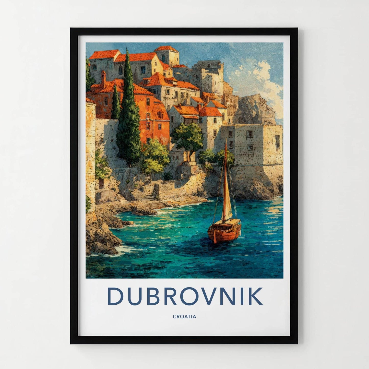 Dubrovnik Poster - Croatia Travel Art - Coastal Town Sailboat Home Decor