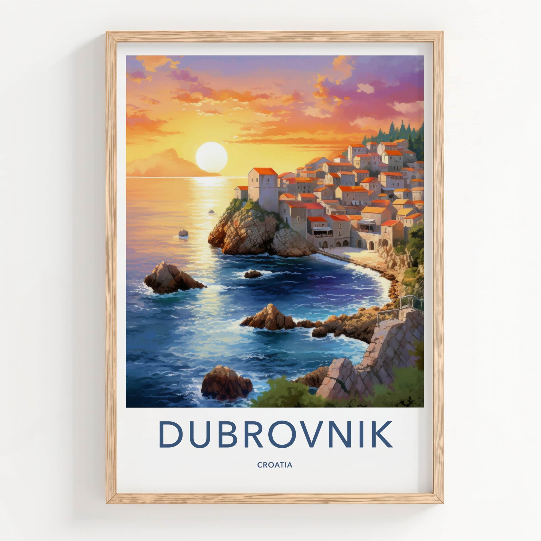 Dubrovnik Poster - Croatia Travel Art - Coastal Town Sunset Home Decor