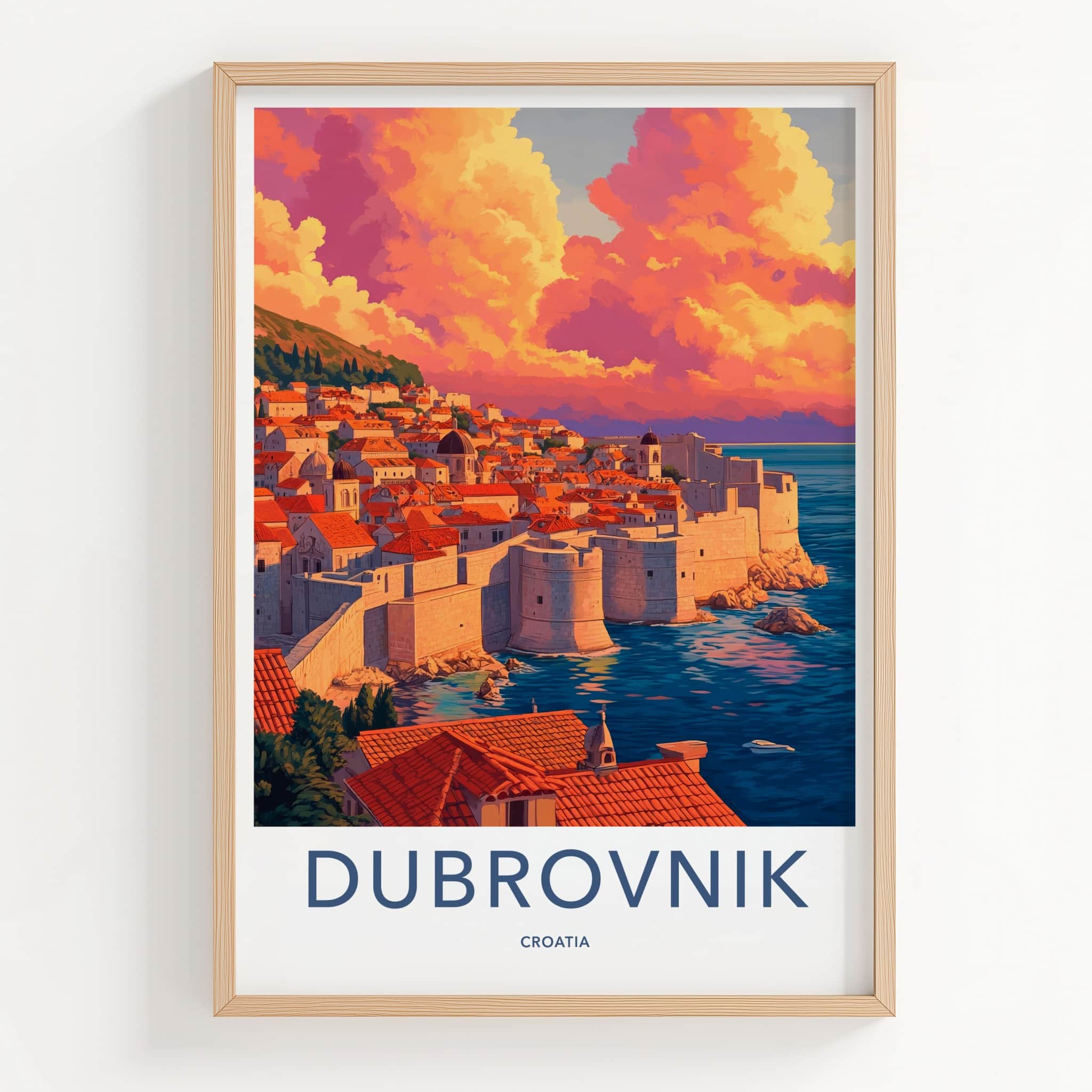 Dubrovnik Poster - Croatia Travel Art - Vibrant Sunset Seascape Home Decor