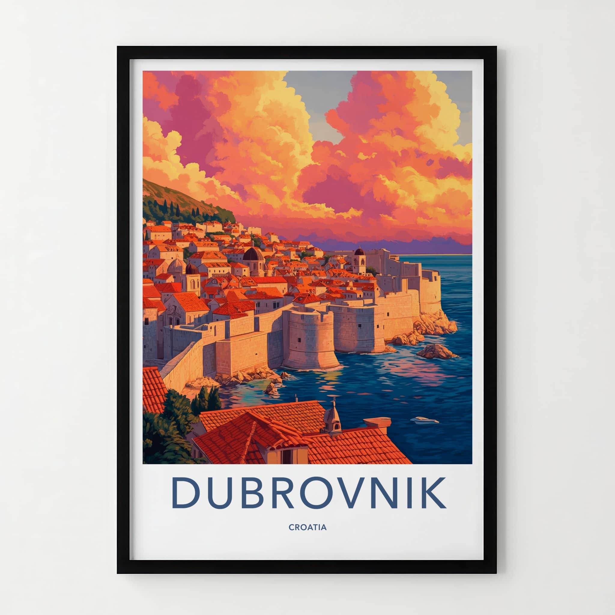 Dubrovnik Poster - Croatia Travel Art - Vibrant Sunset Seascape Home Decor