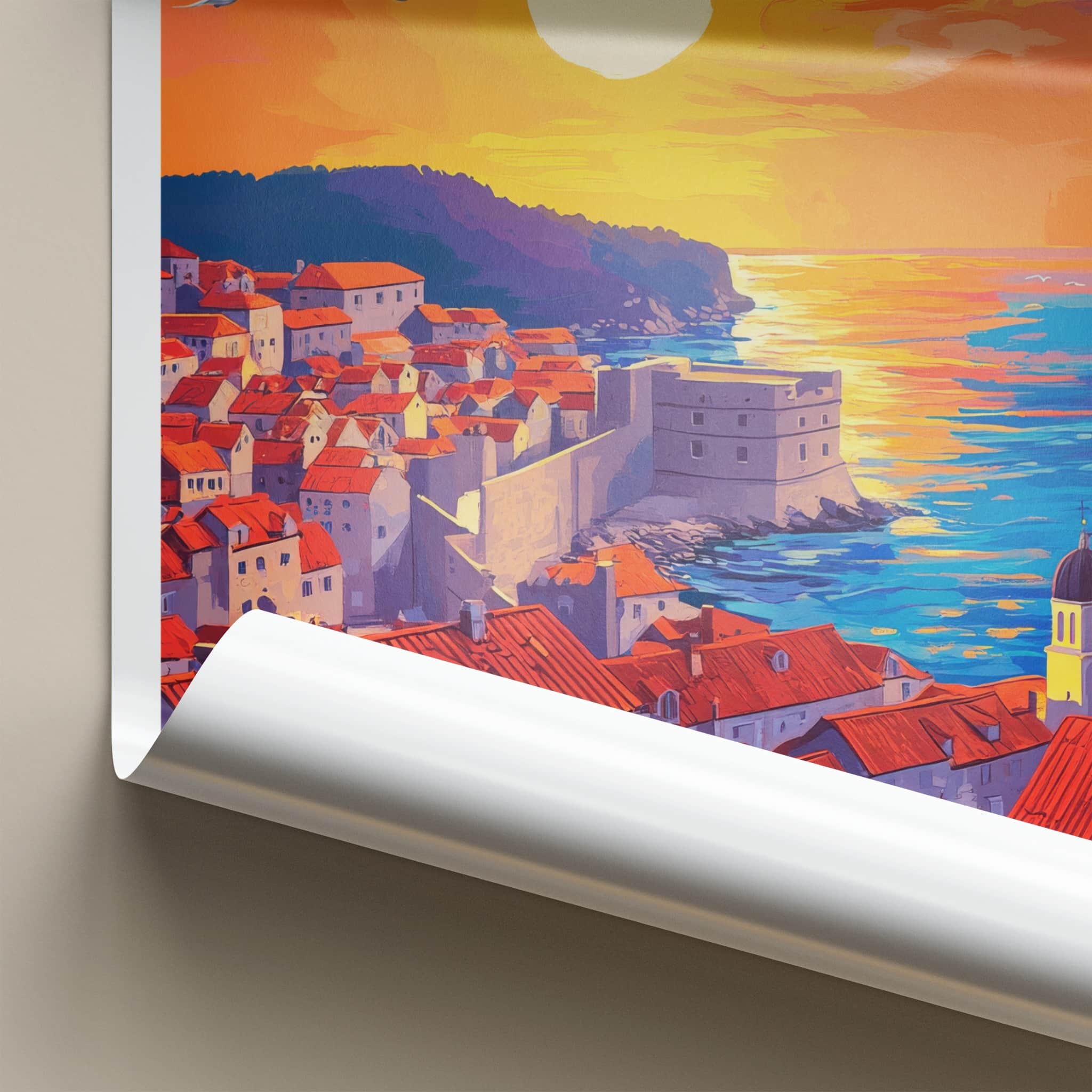 Dubrovnik Poster - Croatia Wall Art - Rooftops Orange Sunset Home Decor