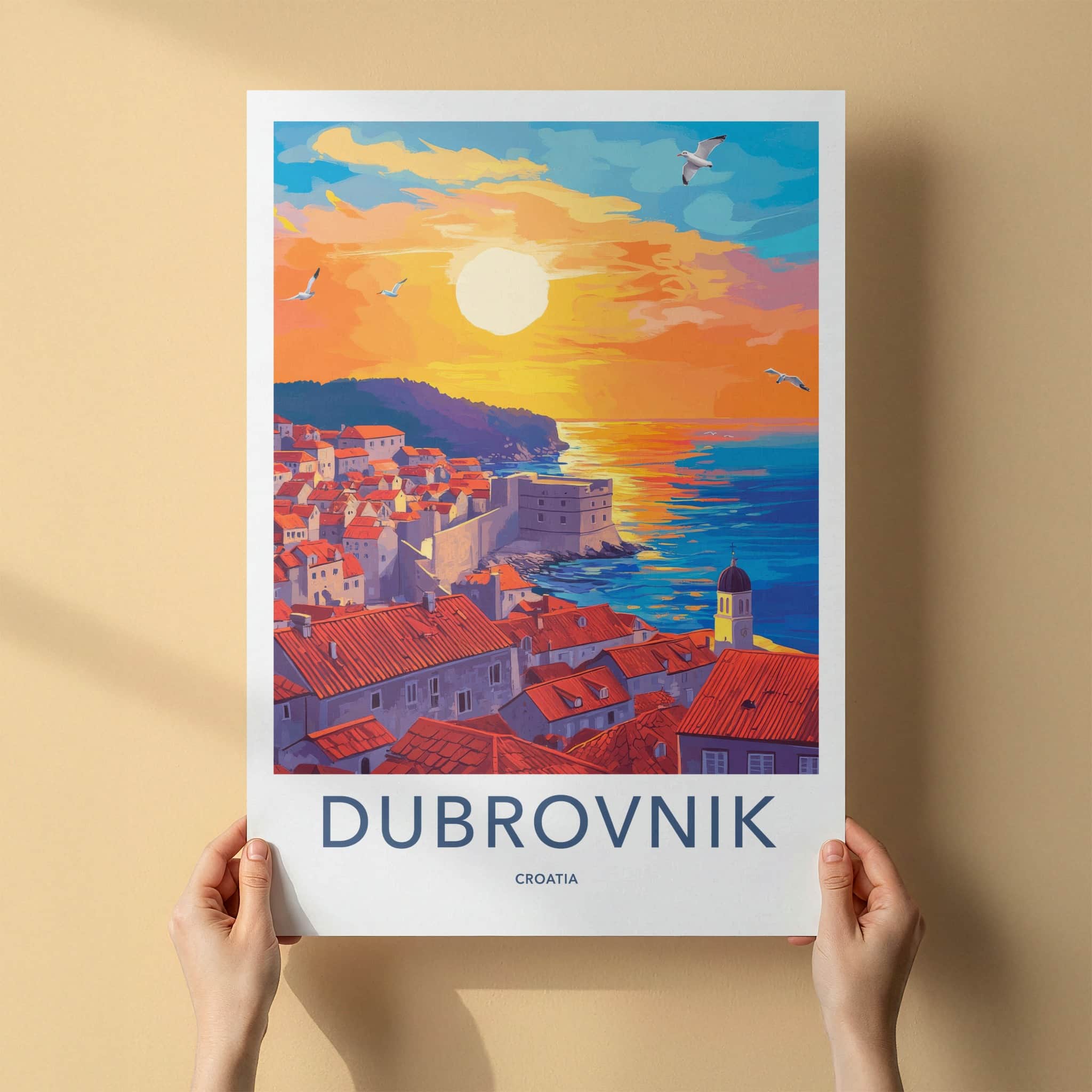 Dubrovnik Poster - Croatia Wall Art - Rooftops Orange Sunset Home Decor