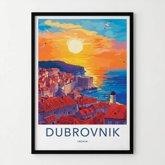 Dubrovnik Poster - Croatia Wall Art - Rooftops Orange Sunset Home Decor