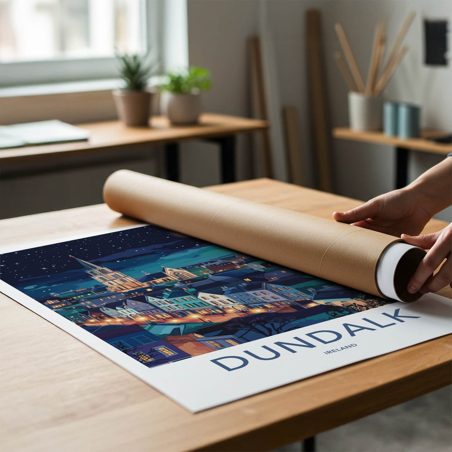 Dundalk Poster - Ireland Travel Art - Moonlit Town Spire Home Decor