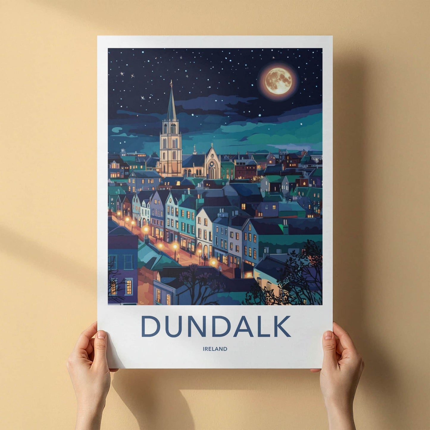 Dundalk Poster - Ireland Travel Art - Moonlit Town Spire Home Decor