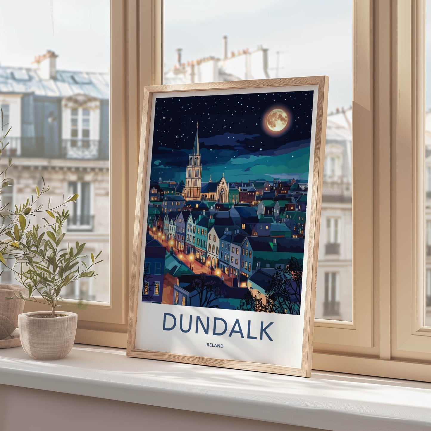 Dundalk Poster - Ireland Travel Art - Moonlit Town Spire Home Decor