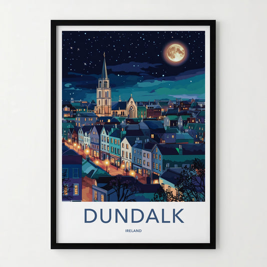 Dundalk Poster - Ireland Travel Art - Moonlit Town Spire Home Decor