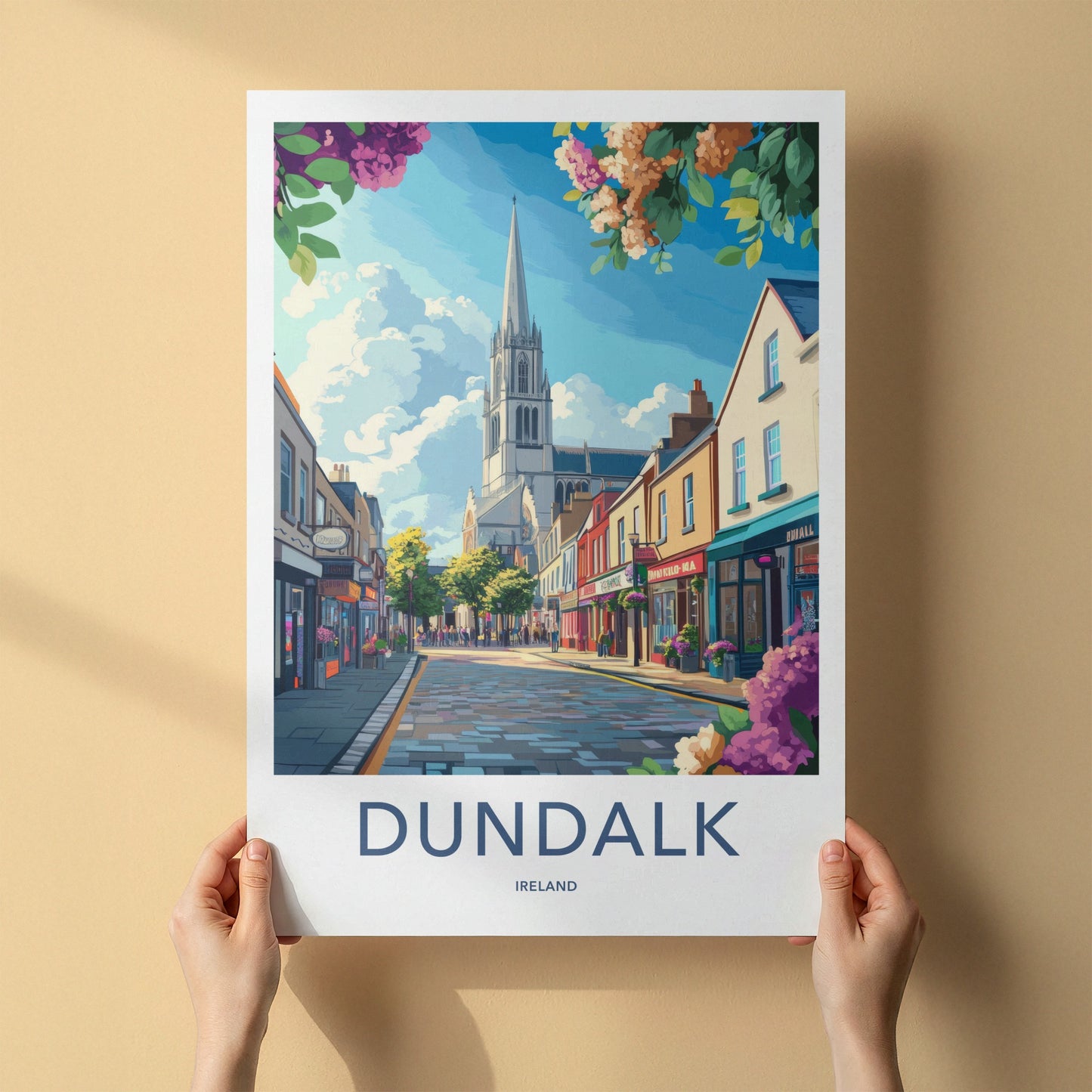 Dundalk Poster - Ireland Travel Art - Sunny Street Church Home Decor