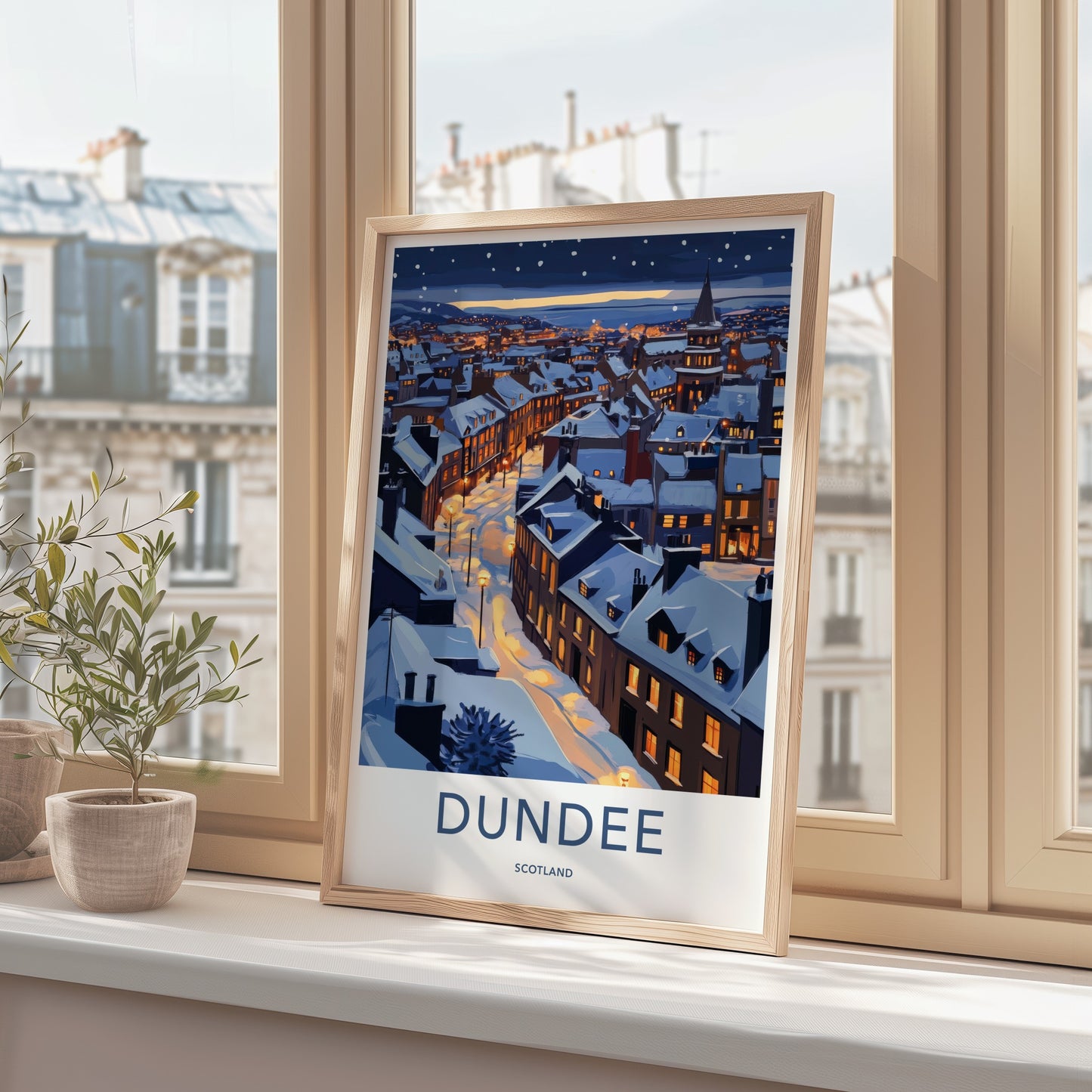Dundee Poster - Scotland Travel Art - Snowy Cityscape Night Home Decor