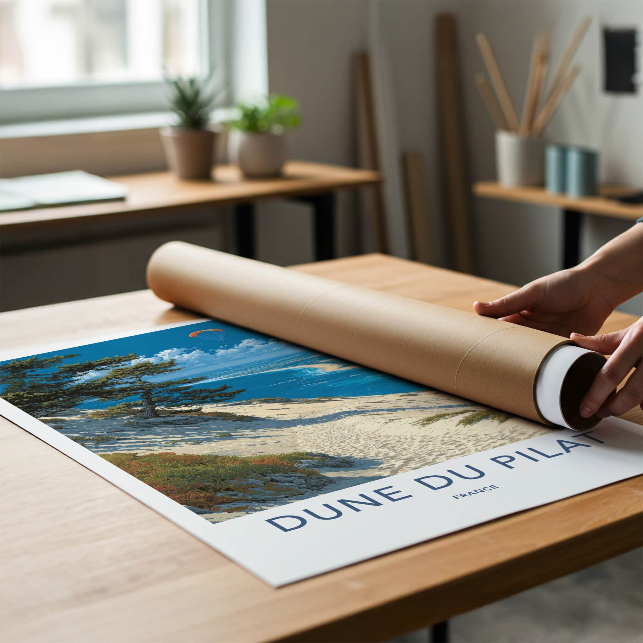 Dune du Pilat Poster - France Travel Art - Paraglider Ocean Beach Home Decor