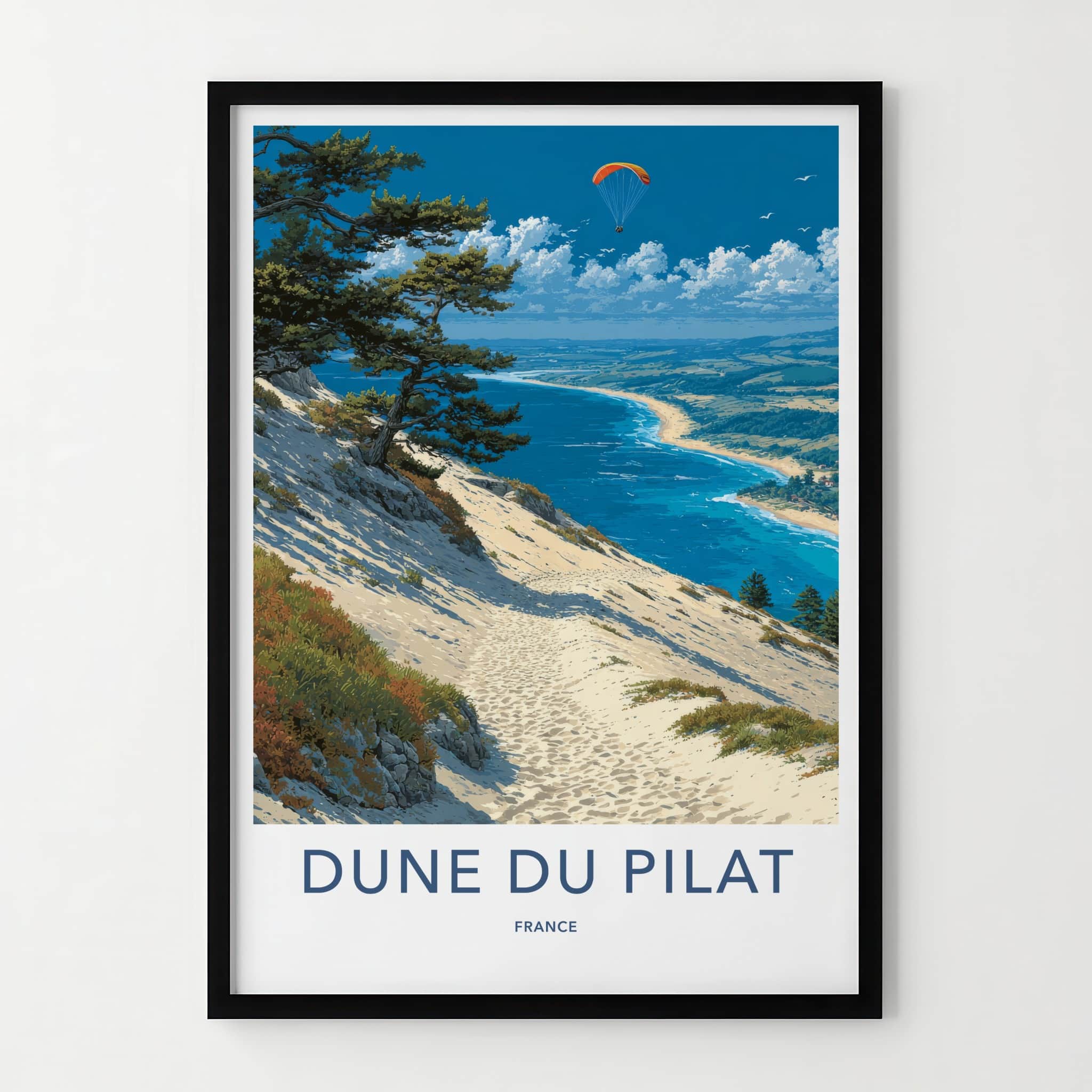 Dune du Pilat Poster - France Travel Art - Paraglider Ocean Beach Home Decor