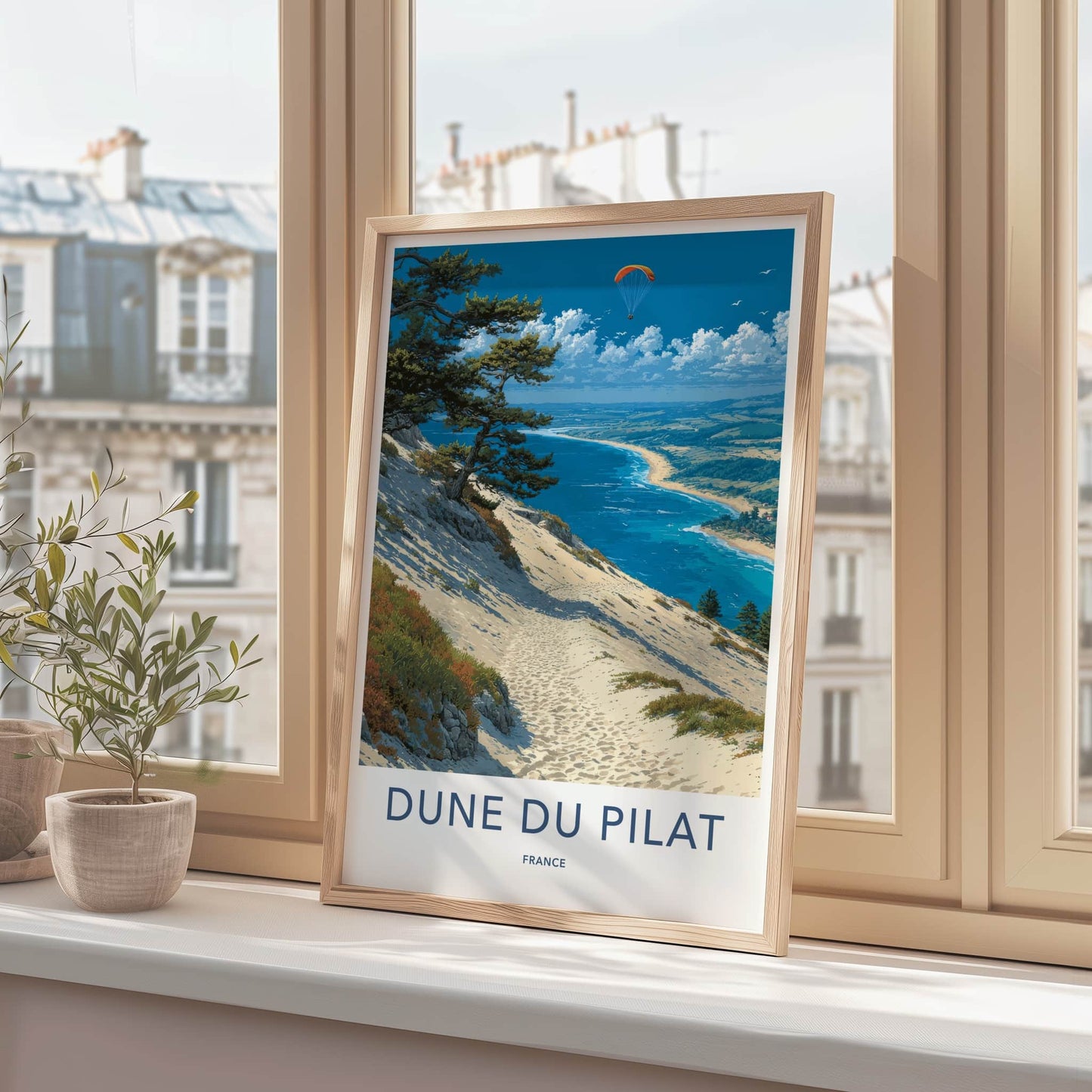 Dune du Pilat Poster - France Travel Art - Paraglider Ocean Beach Home Decor