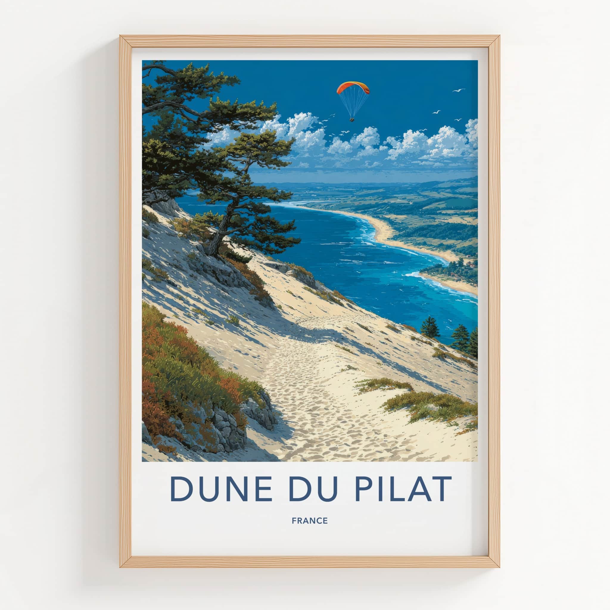 Dune du Pilat Poster - France Travel Art - Paraglider Ocean Beach Home Decor