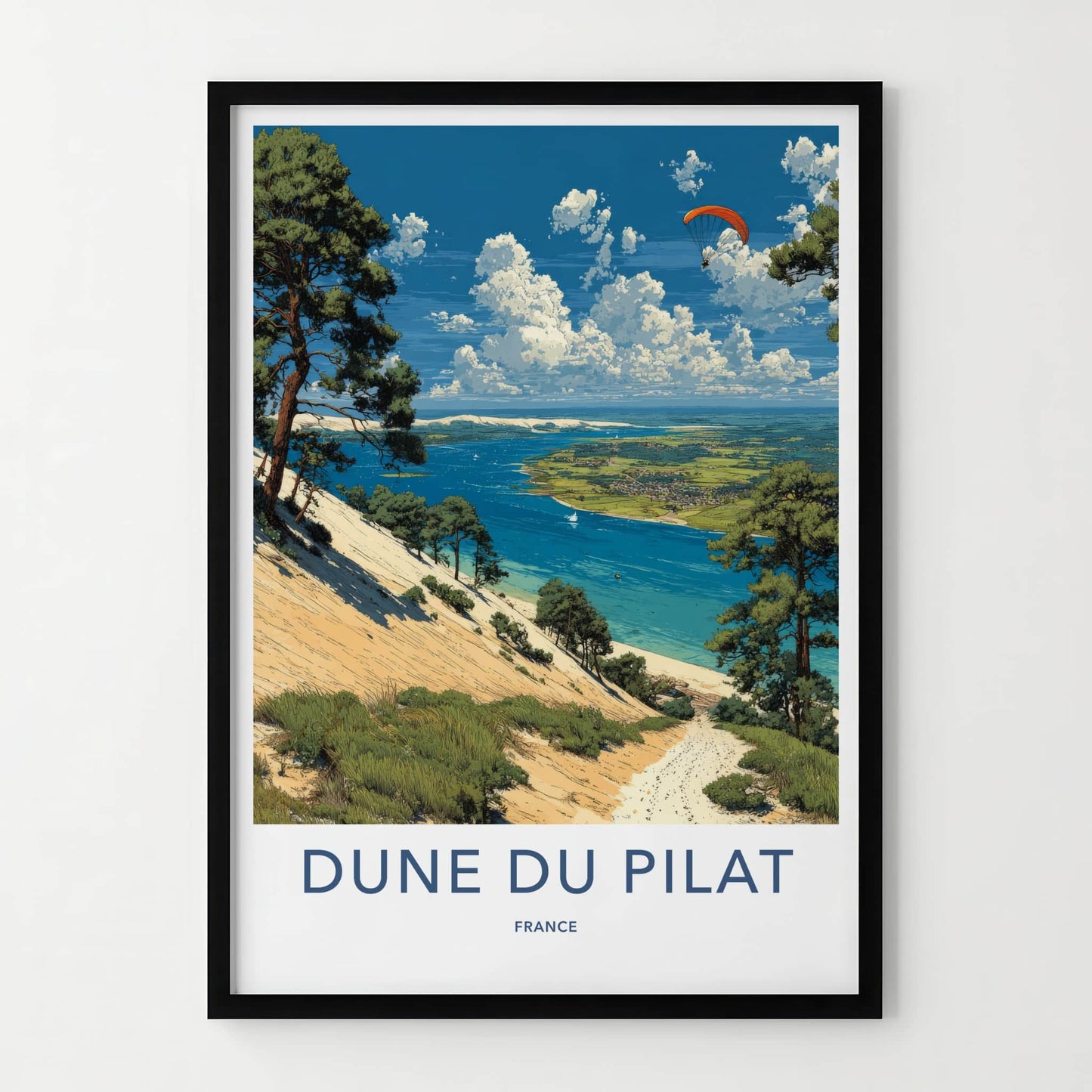 Dune du Pilat Poster - France Travel Art - Paraglider Over Water Wall Decor