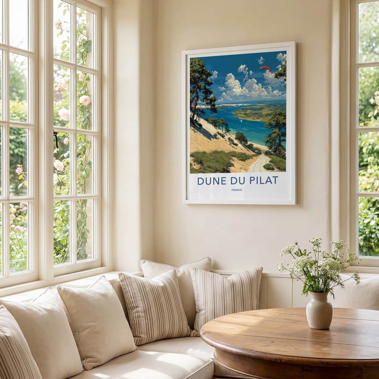 Dune du Pilat Poster - France Travel Art - Paraglider Over Water Wall Decor