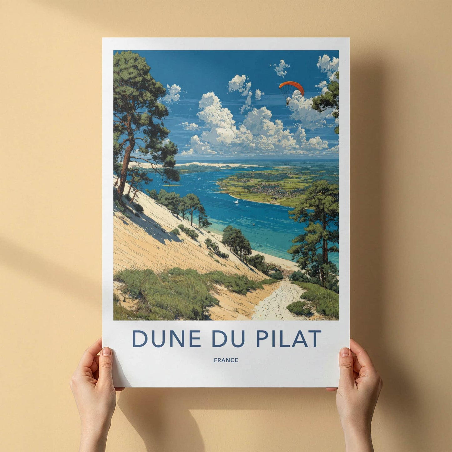 Dune du Pilat Poster - France Travel Art - Paraglider Over Water Wall Decor