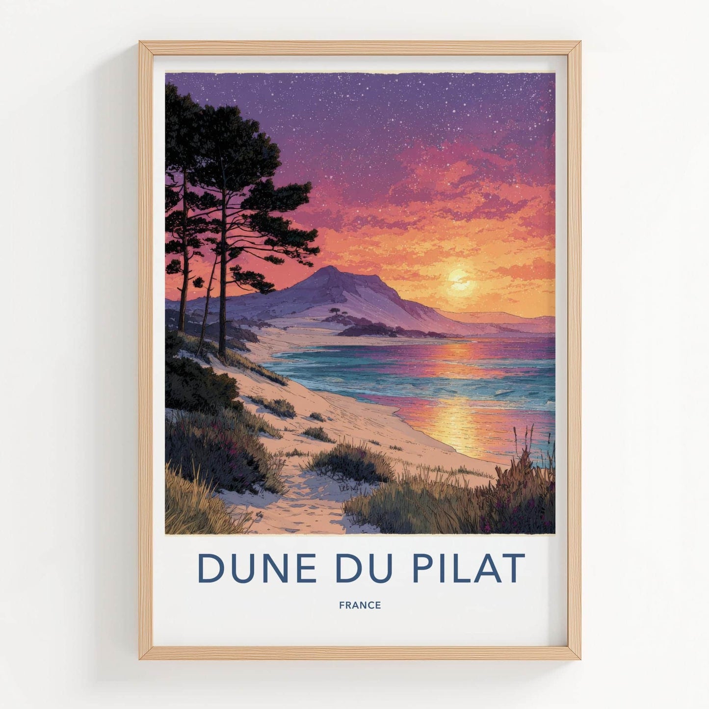 Dune du Pilat Poster - France Travel Art - starry sunset beach Home Decor