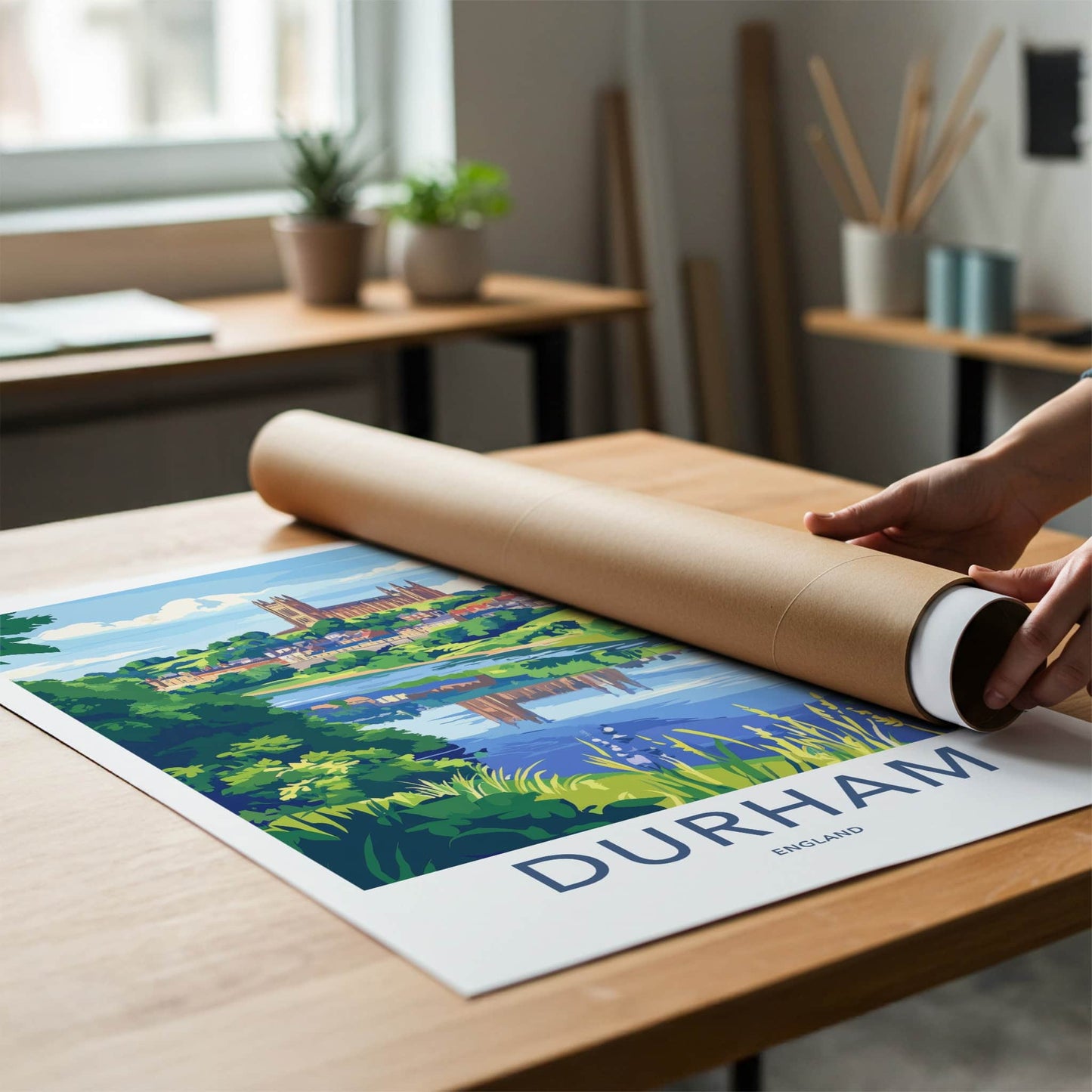 Durham Poster - England Travel Art - Riverside City View Home Decor