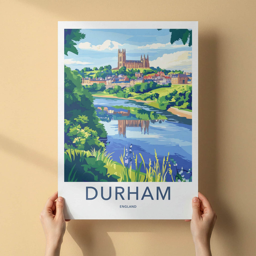 Durham Poster - England Travel Art - Riverside City View Home Decor