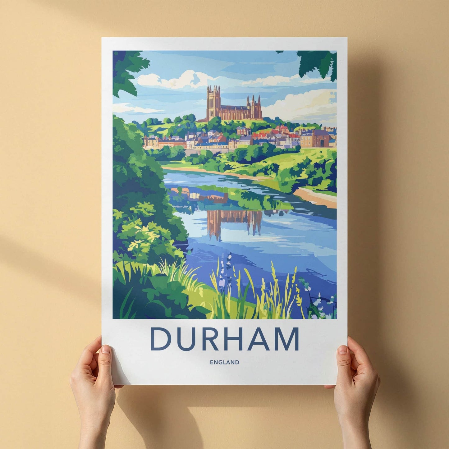 Durham Poster - England Travel Art - Riverside City View Home Decor