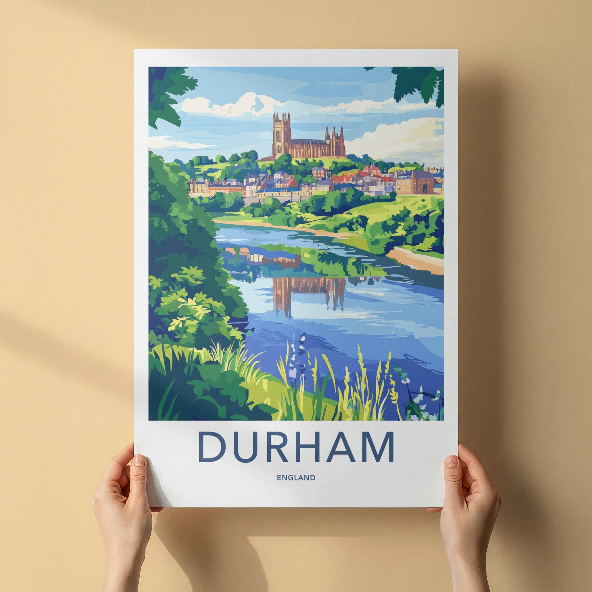 Durham Poster - England Travel Art - Riverside City View Home Decor