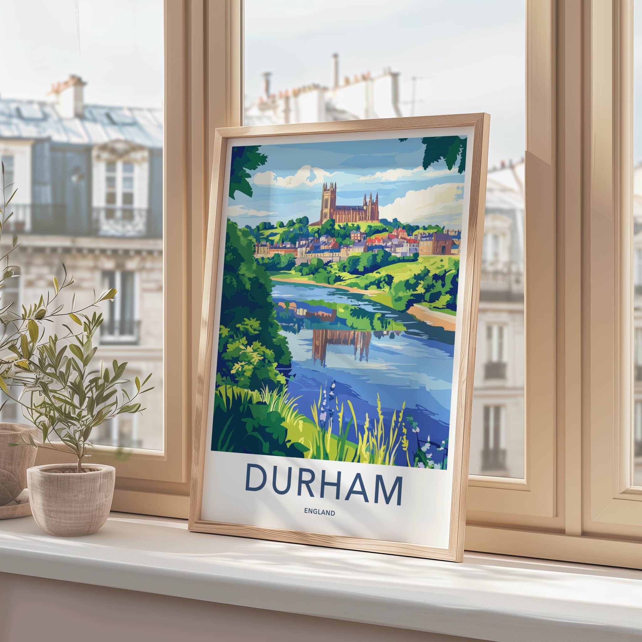 Durham Poster - England Travel Art - Riverside City View Home Decor