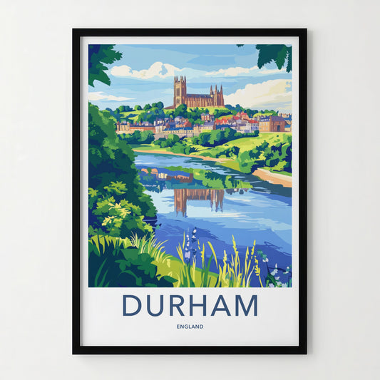 Durham Poster - England Travel Art - Riverside City View Home Decor