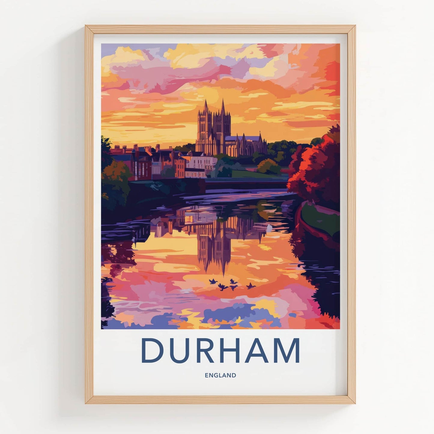Durham Poster - England Travel Art - Sunset Cathedral River Reflection Home Decor