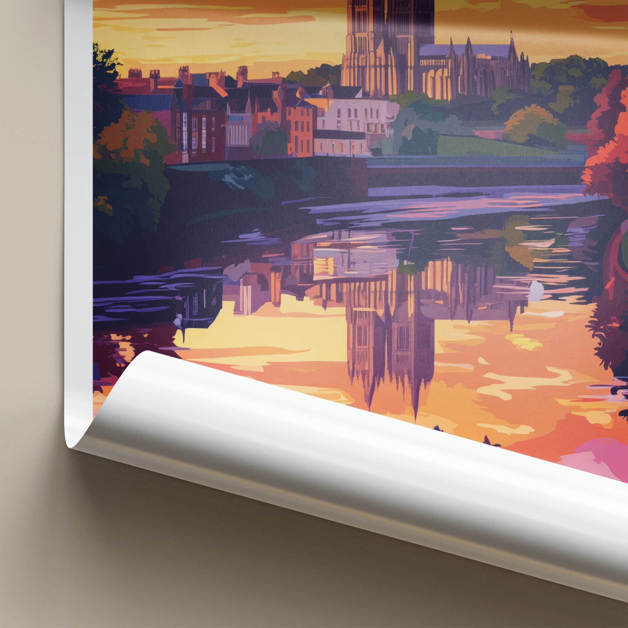 Durham Poster - England Travel Art - Sunset Cathedral River Reflection Home Decor