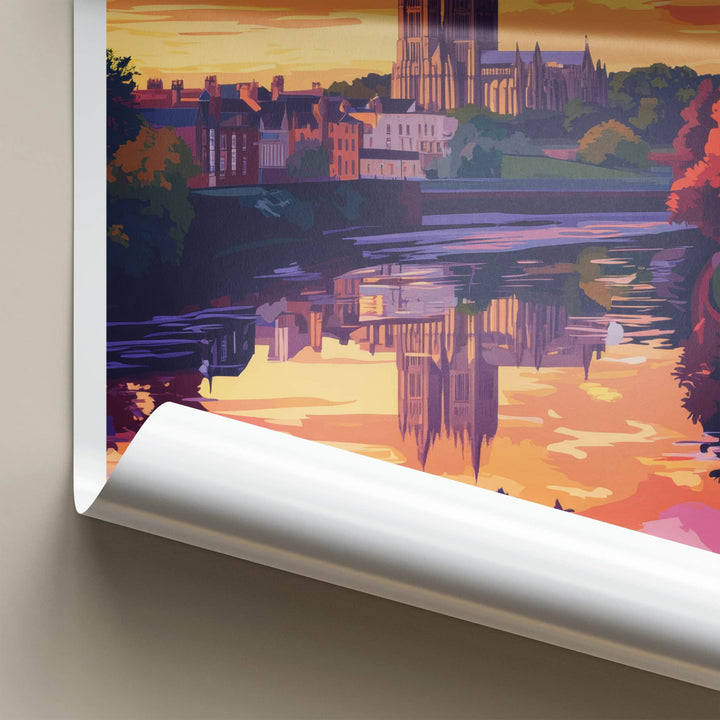 Durham Poster - England Travel Art - Sunset Cathedral River Reflection Home Decor