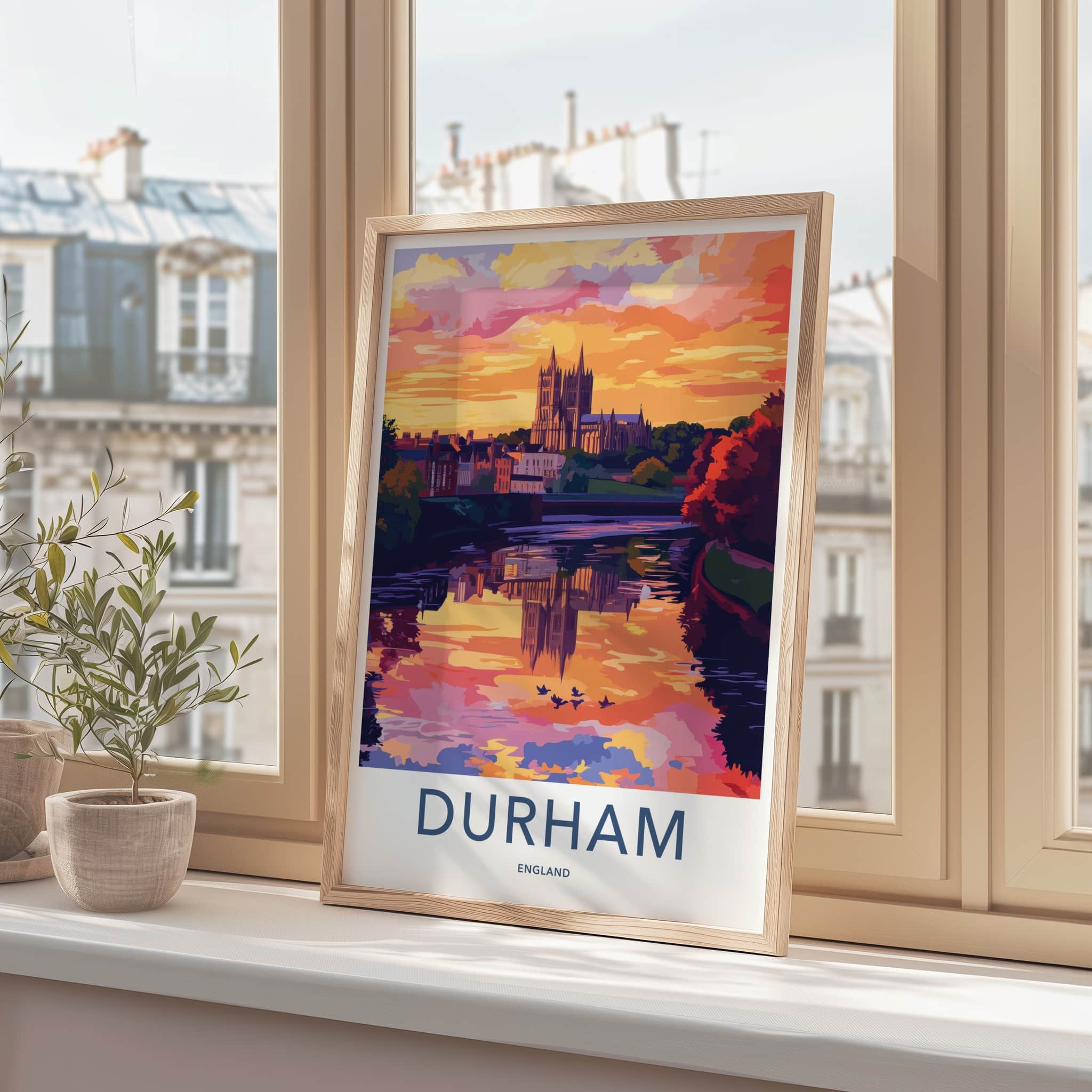 Durham Poster - England Travel Art - Sunset Cathedral River Reflection Home Decor