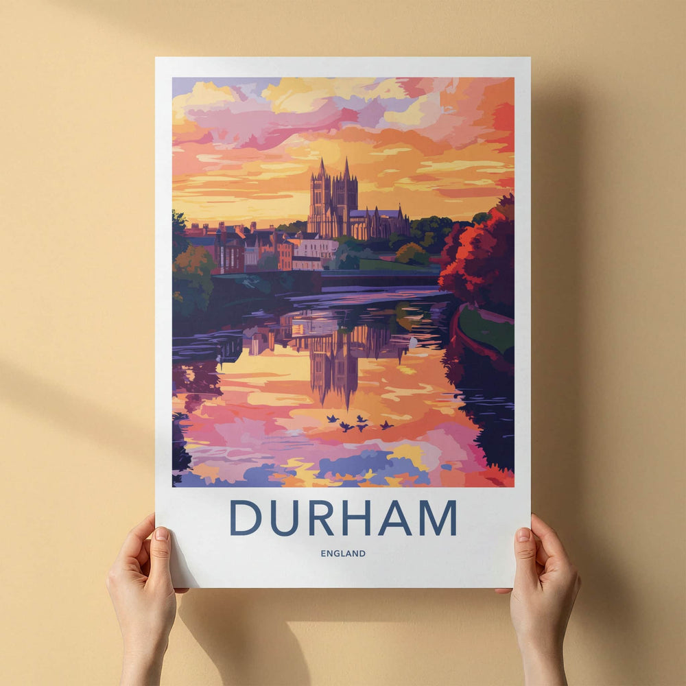 Durham Poster - England Travel Art - Sunset Cathedral River Reflection Home Decor