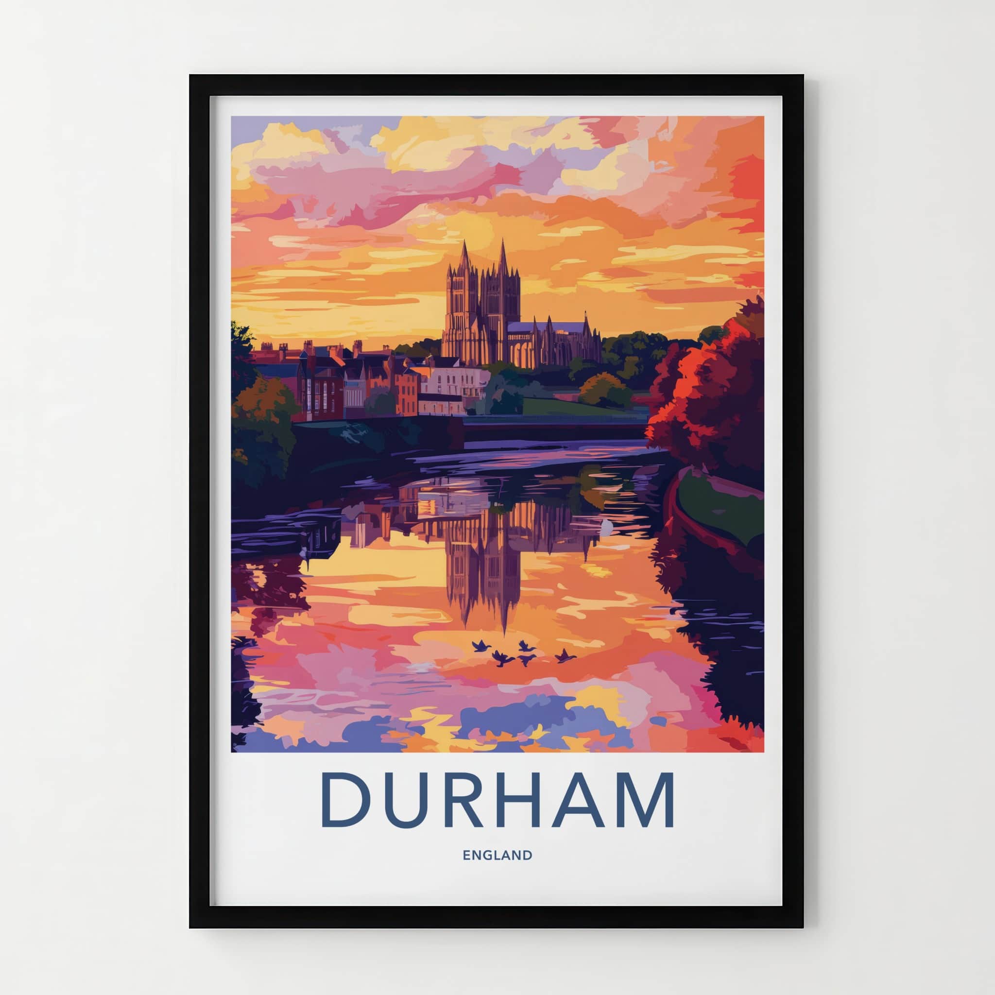 Durham Poster - England Travel Art - Sunset Cathedral River Reflection Home Decor
