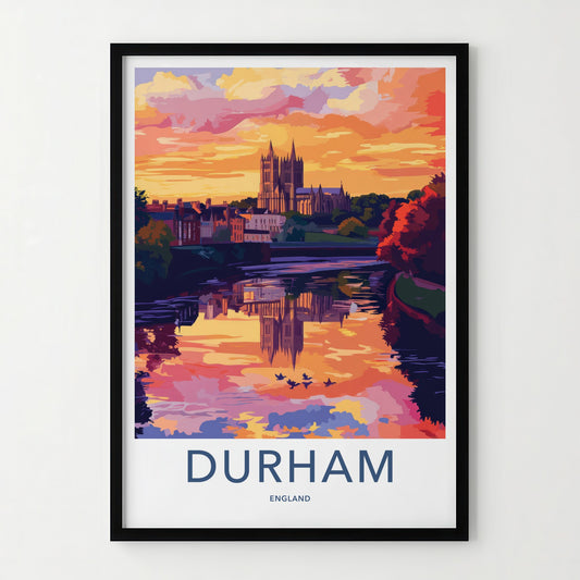 Durham Poster - England Travel Art - Sunset Cathedral River Reflection Home Decor