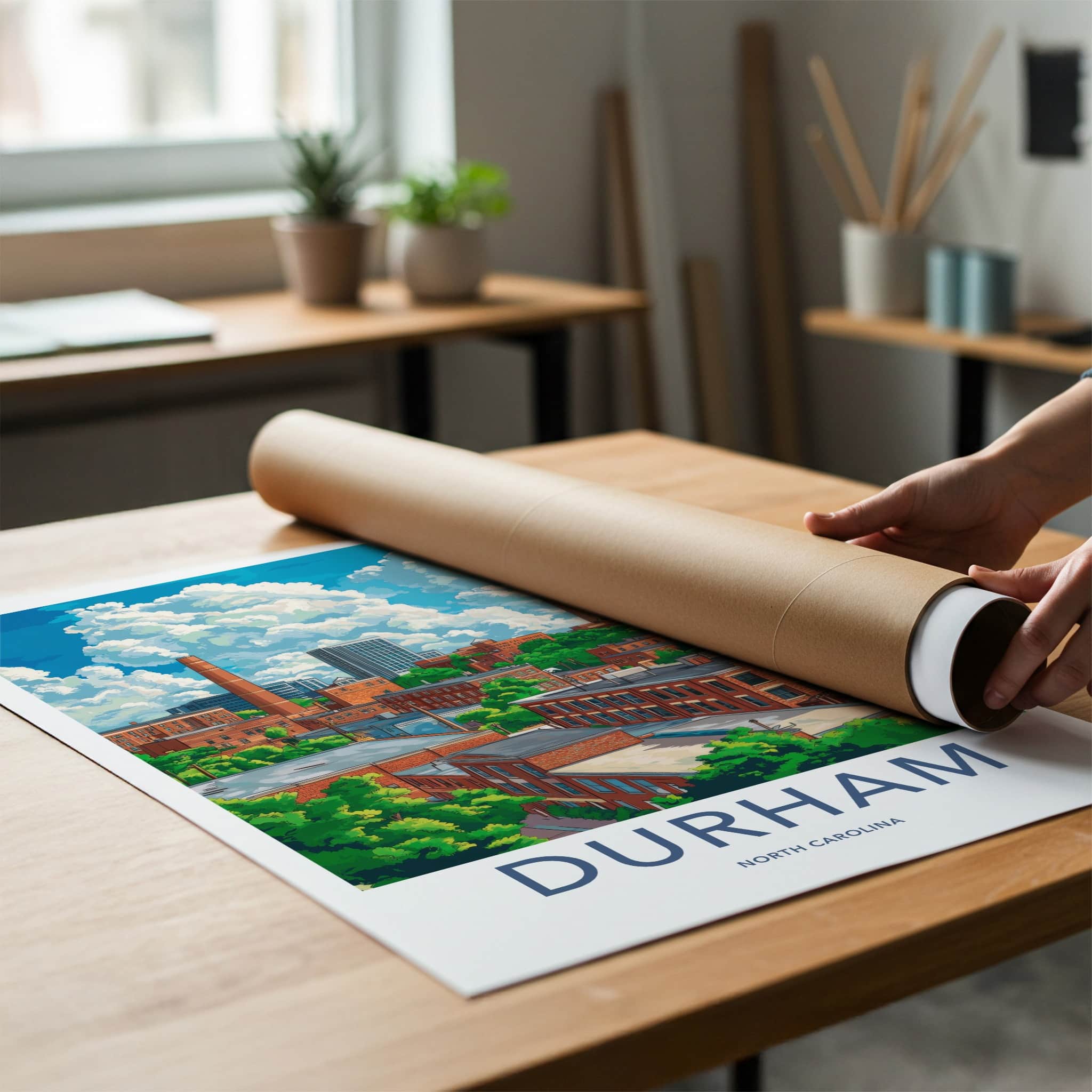 Durham Poster - North Carolina Travel Art - Historic Cityscape Buildings Home Decor