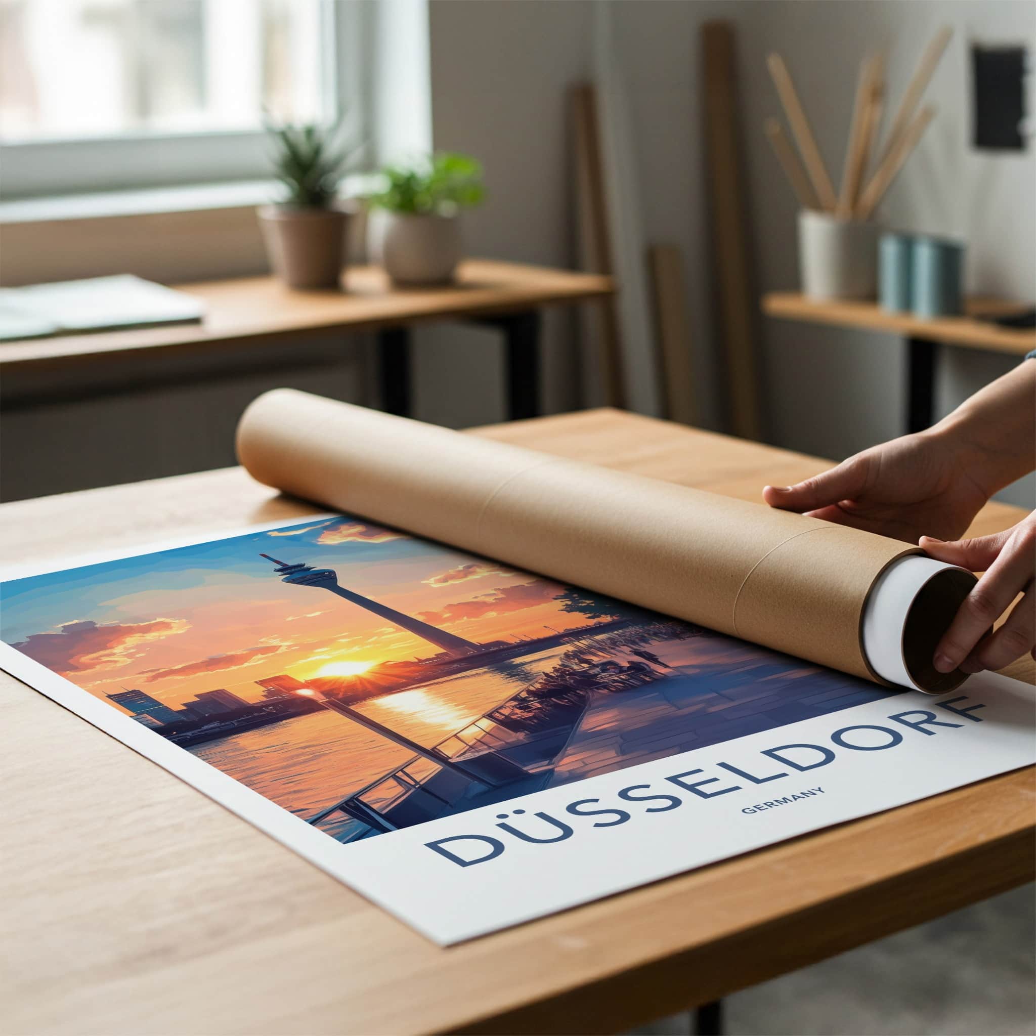 Dusseldorf Poster - Germany Travel Art - Vibrant sunset promenade Home Decor