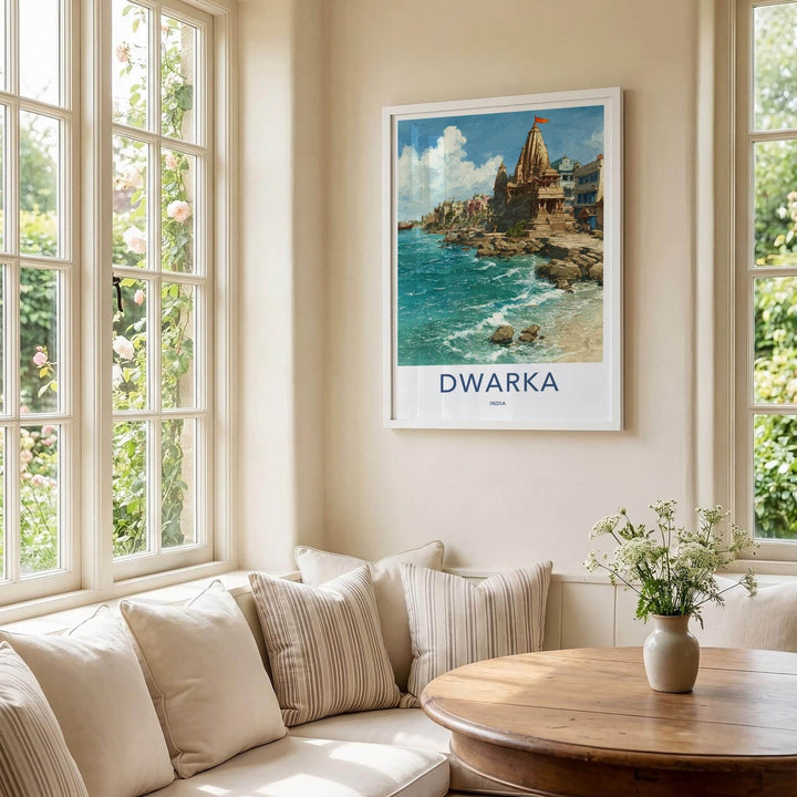 Dwarka Poster - India Travel Art - Gujarat Coastal Temple City Home Decor